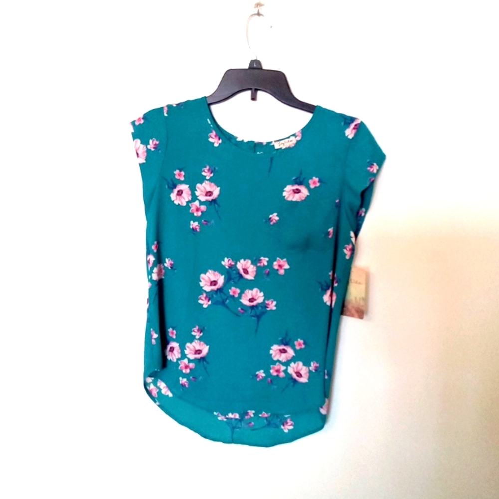 Lily White Women's Turquoise Pink Floral Cap Sleeve High Low Blouse Small